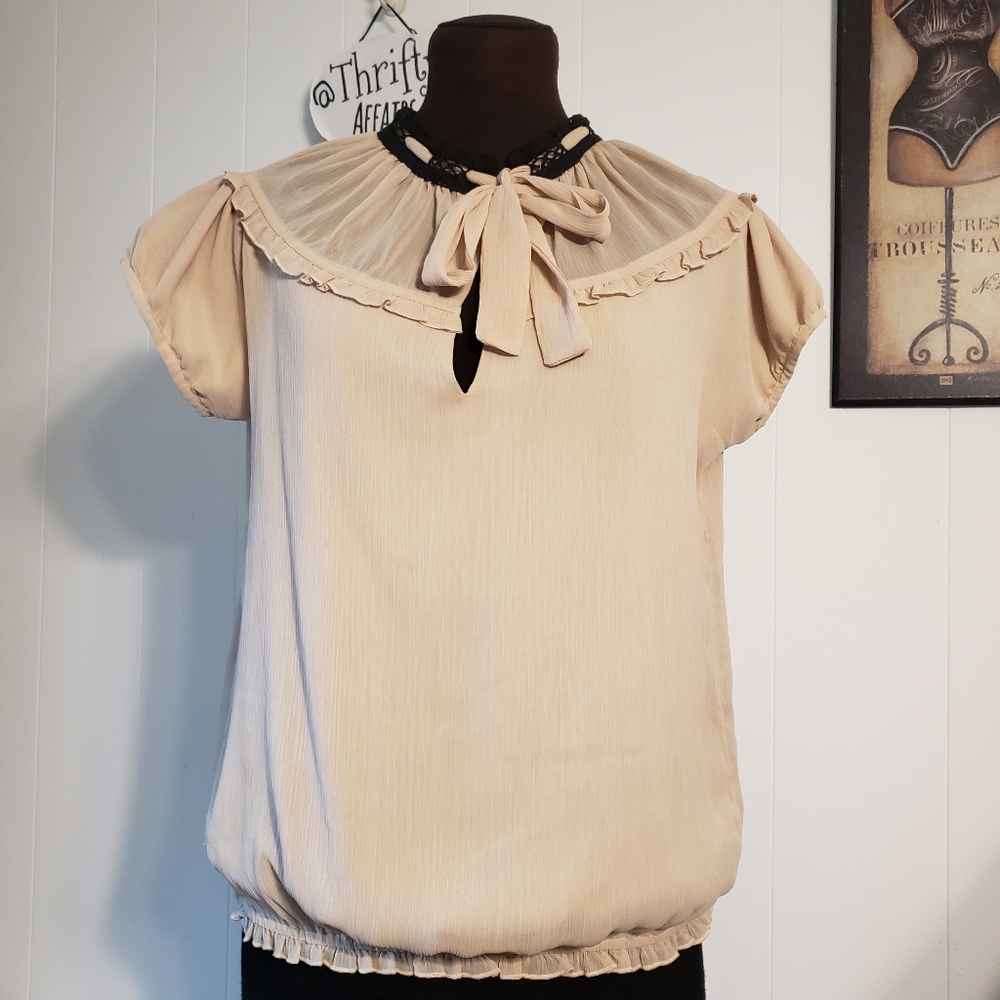 Go Intl Top Womens XS Blush Beige Crinkle Sheer Blouse Office Church Eveningwear